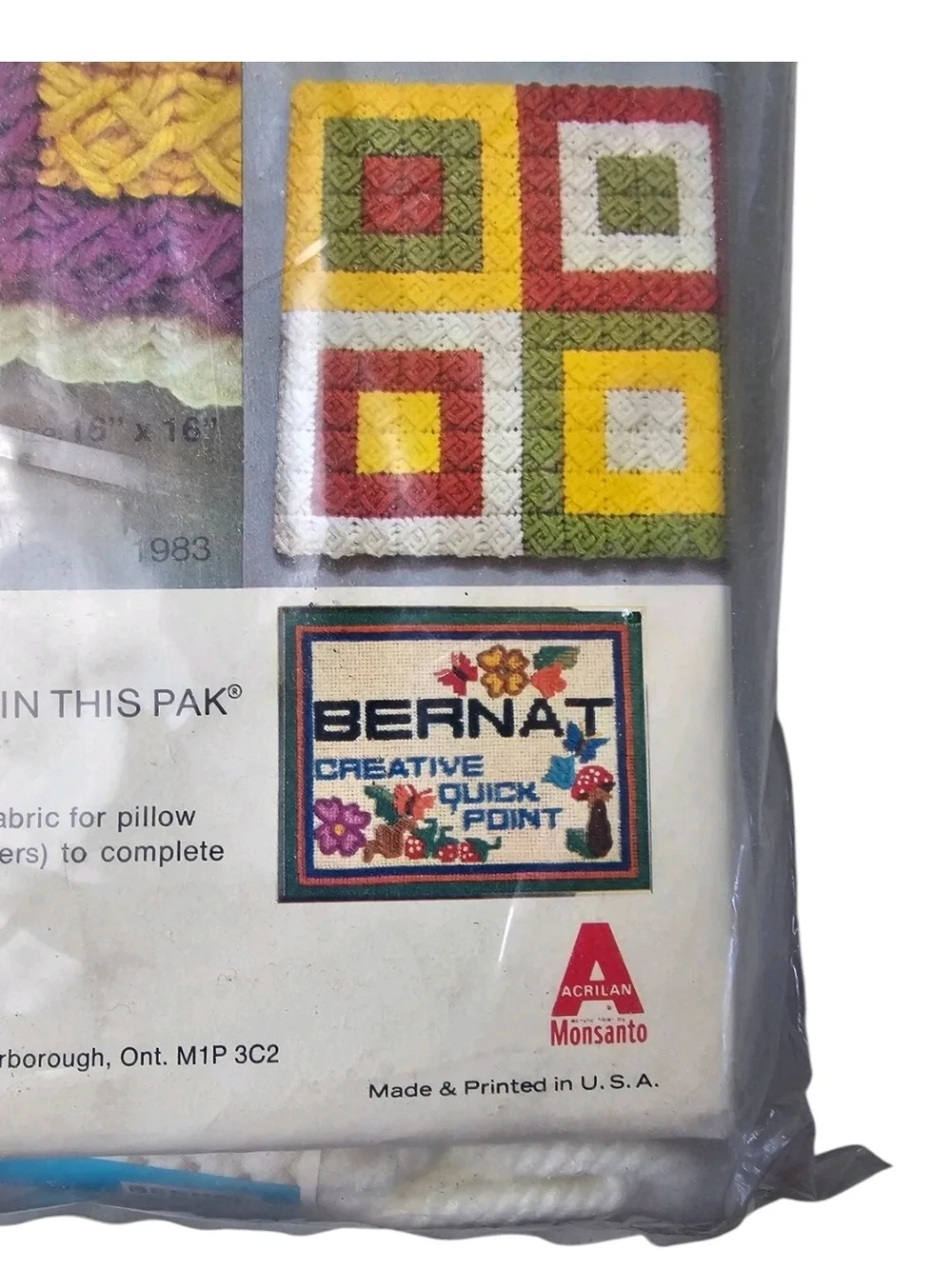 Vtg Bernat Quickpoint in Quilt Stitch Pillow Kit Orange Green Yellow 16x16 NOS